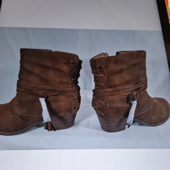 Sugar Brown Suede-Look Ankle Booties with Wrap Strap - Picture 2 of 7